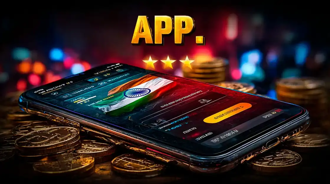 Smartphone with a gambling application interface featuring the Indian flag, surrounded by golden coins and glowing lights.