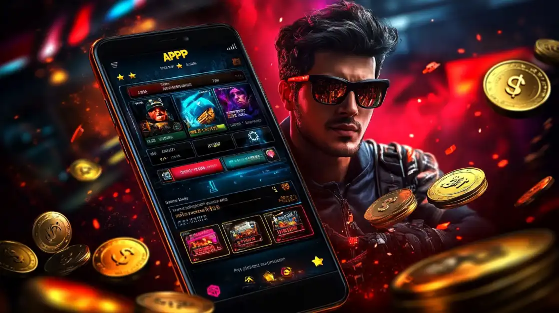 Stylish man in sunglasses standing next to a smartphone with a digital gaming app, surrounded by floating gold coins.