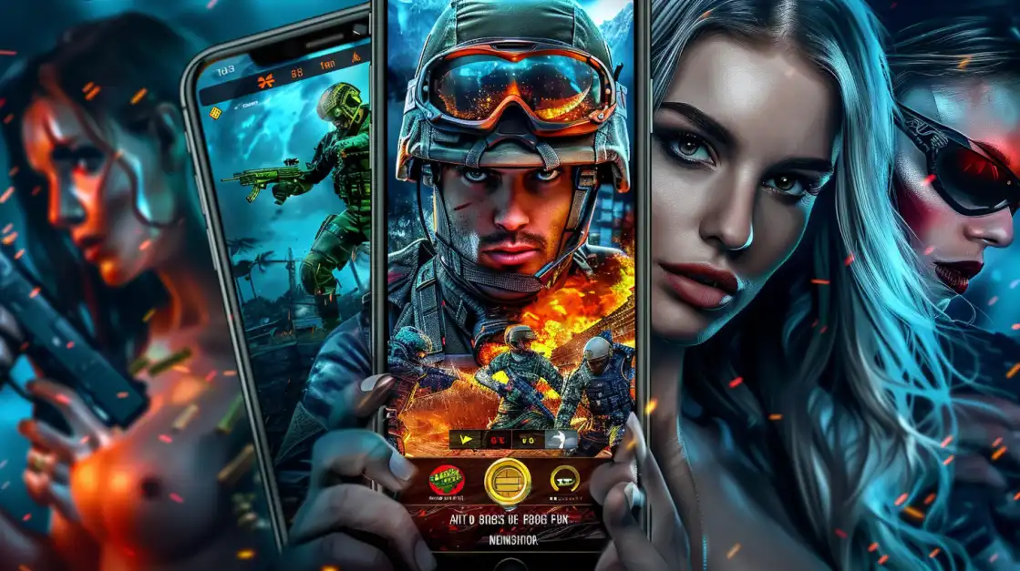 Three smartphones displaying intense combat-themed mobile games with soldiers and futuristic warriors, surrounded by dramatic lighting and characters.