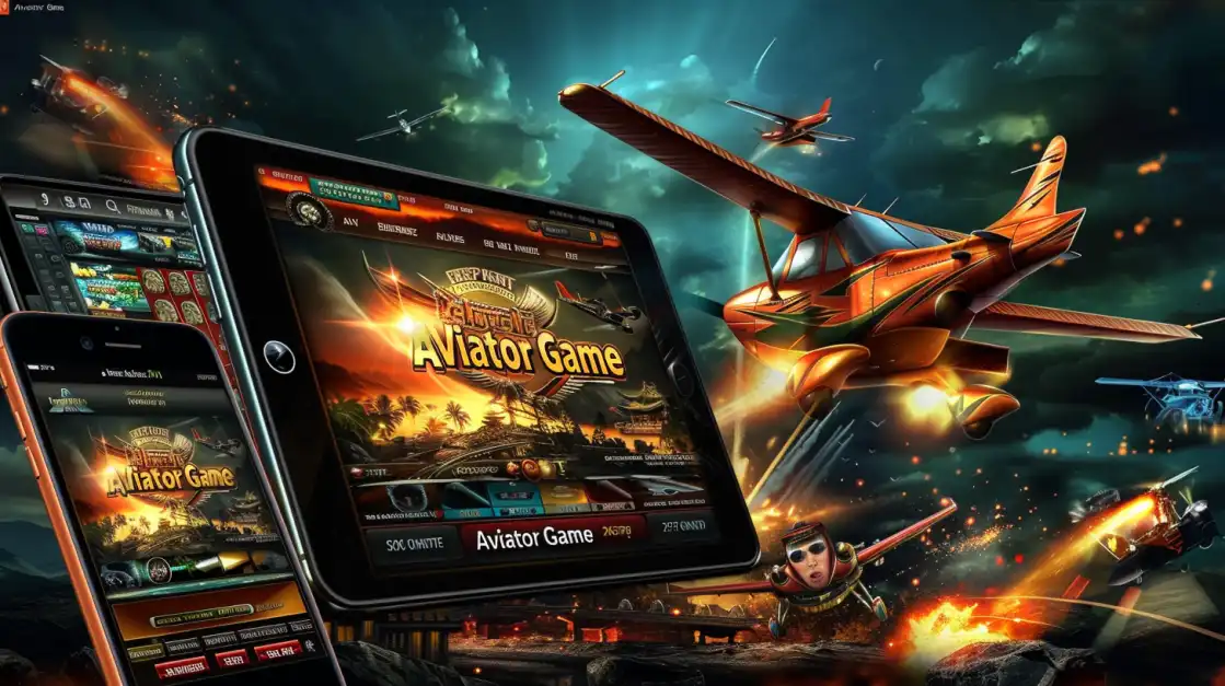 Intense casino game interface showing an orange airplane soaring through explosions and gunfire, displayed on tablets and smartphones with the title Aviator Game.