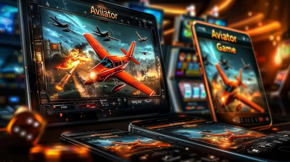 Close-up of a red airplane in a fiery battle scene displayed on multiple casino slot machines and mobile devices featuring the Aviator game.