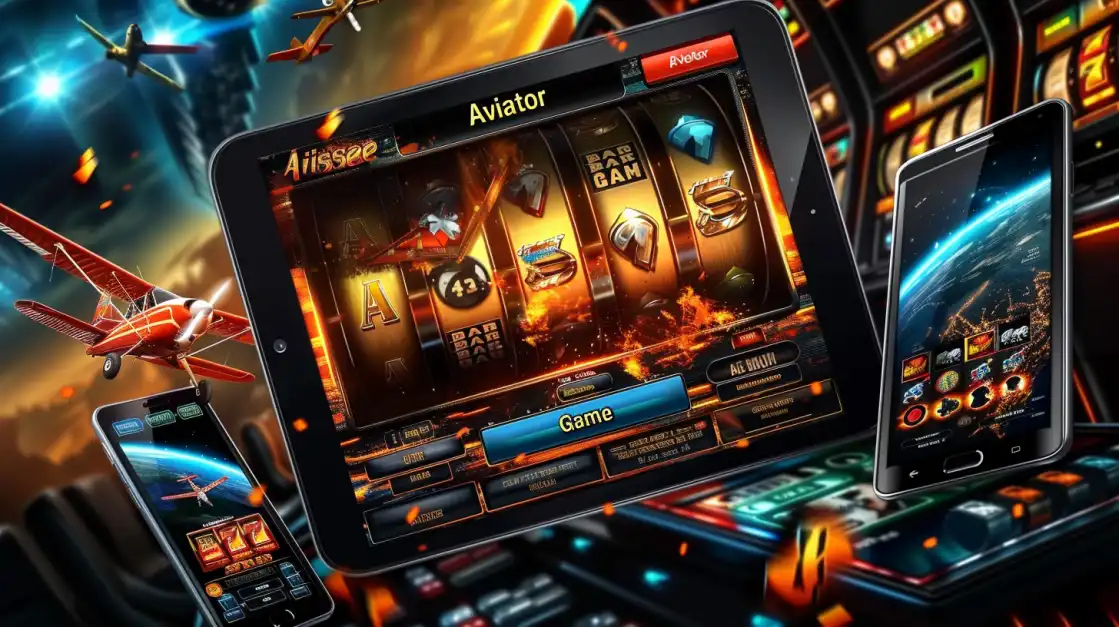 Digital casino slot machine interface featuring a red airplane with slot reels, displayed on a tablet and smartphone surrounded by dramatic space and battle imagery.