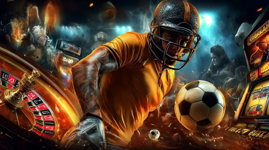 Dynamic scene of a muscular athlete wearing an American football helmet and orange jersey holding a soccer ball, surrounded by roulette tables, slot machines, and a cheering casino crowd.