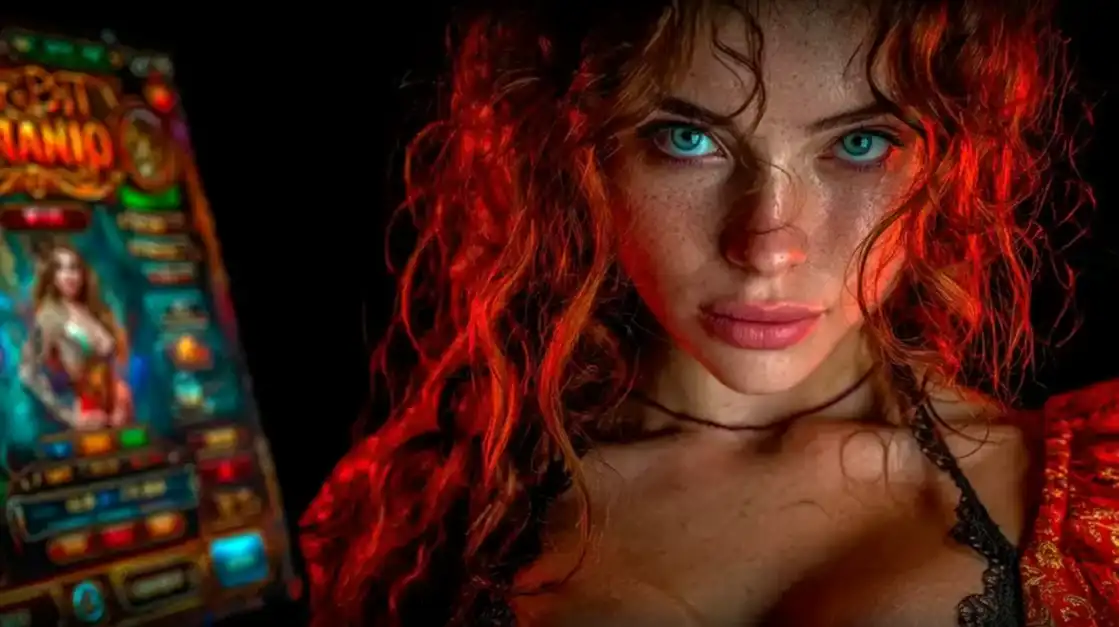 Beautiful red-haired woman with striking turquoise eyes holding a smartphone displaying a fantasy-themed slot game interface, illuminated by dramatic red lighting.