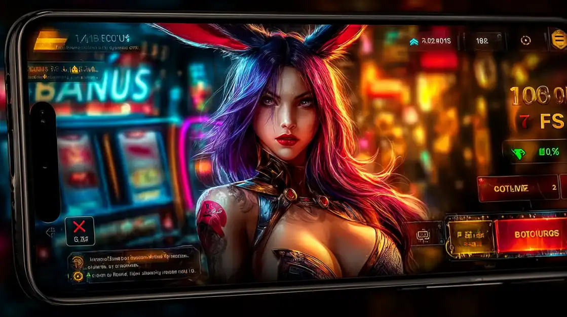 Attractive woman with long purple hair, bunny ears, and tattoos inside a neon cyberpunk casino setting displayed on a smartphone screen.