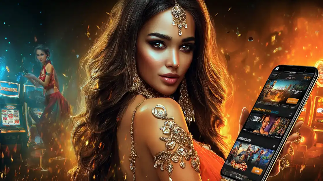 Gorgeous woman in an ornate orange dress holding a smartphone showing an online casino interface, with slot machines glowing in the background.