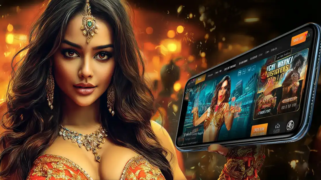 Beautiful woman in traditional Indian-style jewelry and dress holding a smartphone displaying a futuristic casino slot game interface.