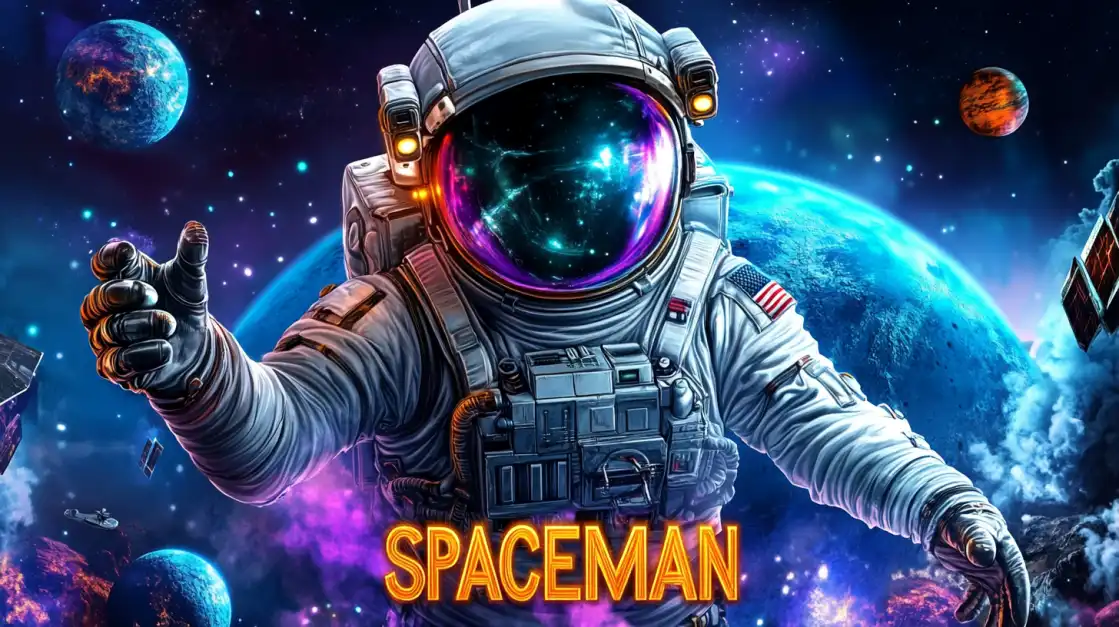 Realistic astronaut floating in space in front of Earth, reaching out with one hand, with the word Spaceman glowing below.