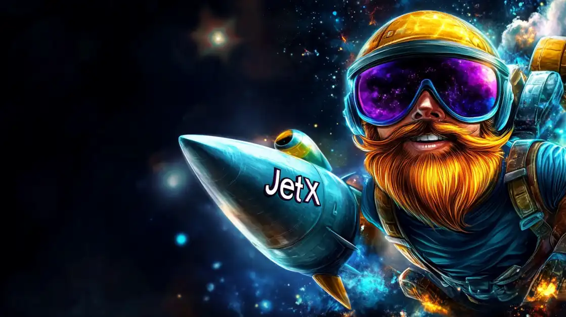 Colorful futuristic pilot with a golden helmet and glowing purple visor riding a rocket labeled JetX through a vibrant cosmic background.