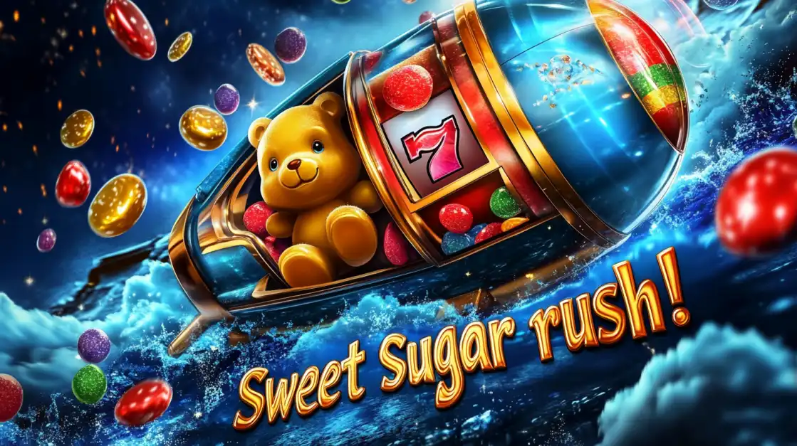 Cute golden teddy bear inside a candy-filled rocket slot machine, surrounded by colorful candies, with Sweet Sugar rush! text at the bottom.