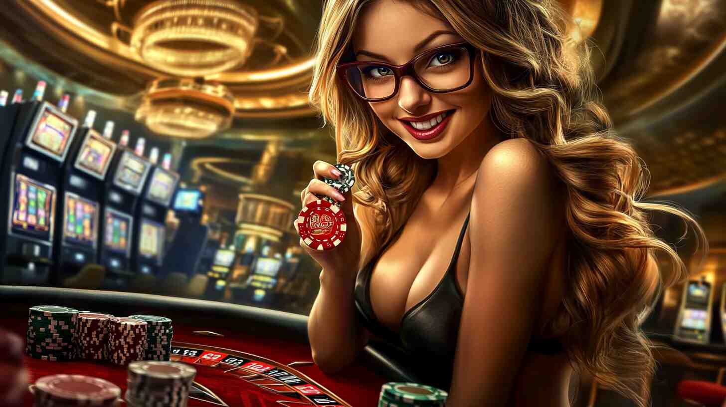 Attractive blonde woman in glasses smiling and holding poker chips at a roulette table, surrounded by a luxurious casino interior.