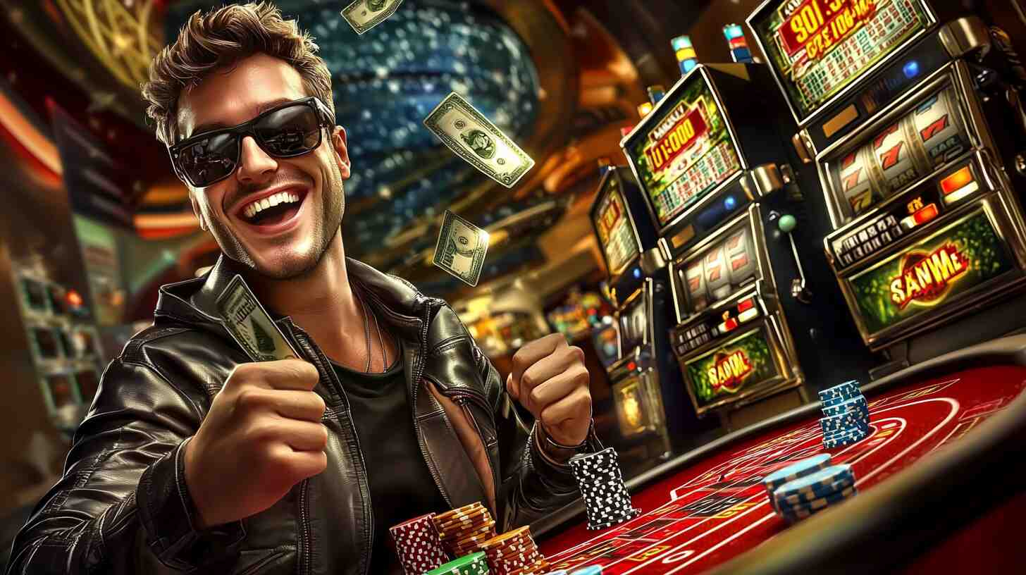 Happy man in sunglasses and a black leather jacket celebrating his casino winnings with flying dollar bills and poker chips, standing in front of slot machines.