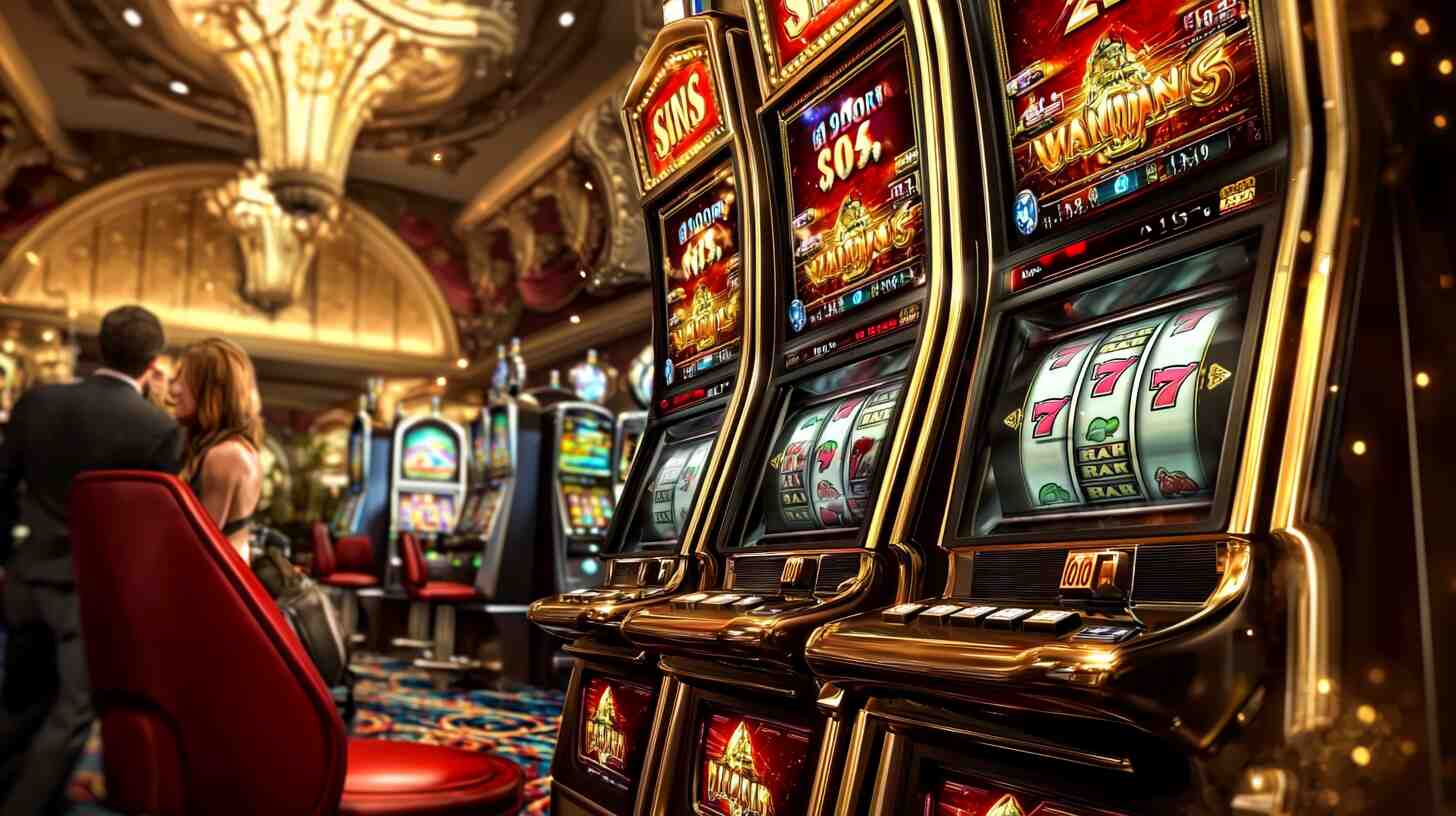 Row of golden slot machines in an opulent casino with a chandelier overhead, featuring red and gold game interfaces with people in the background.