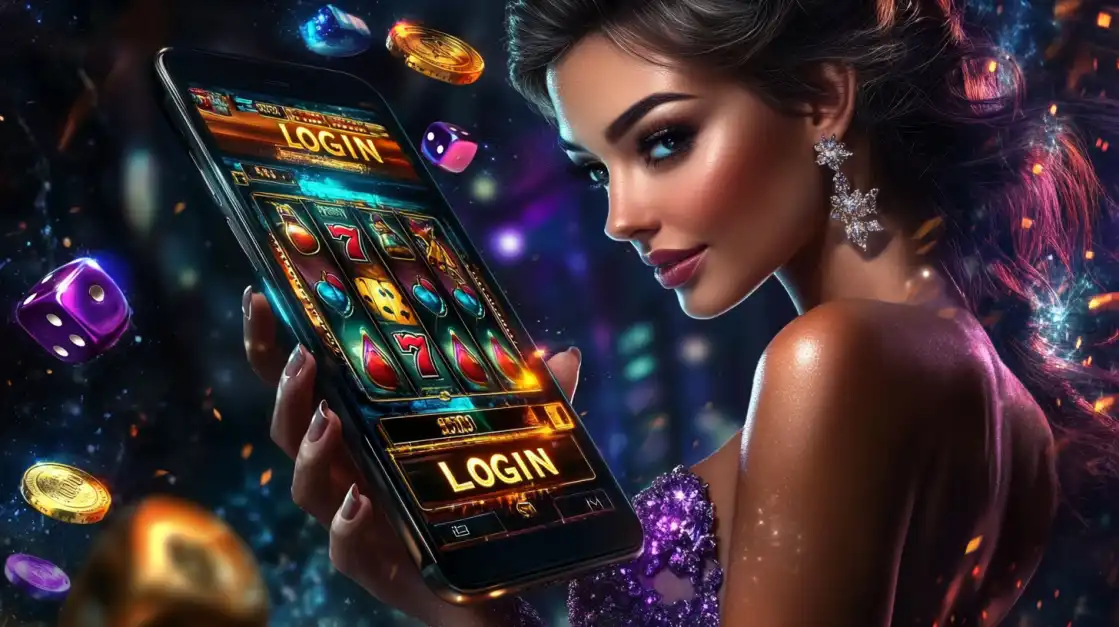 Elegant brunette woman in a glittering purple dress holding a smartphone with a slot machine login screen, surrounded by dice and coins.