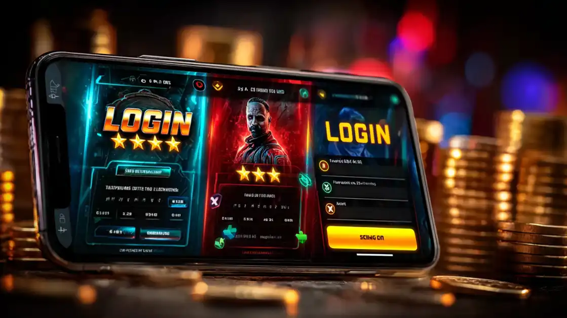 Close-up of a smartphone showing a futuristic online gaming login screen, surrounded by stacks of gold coins.