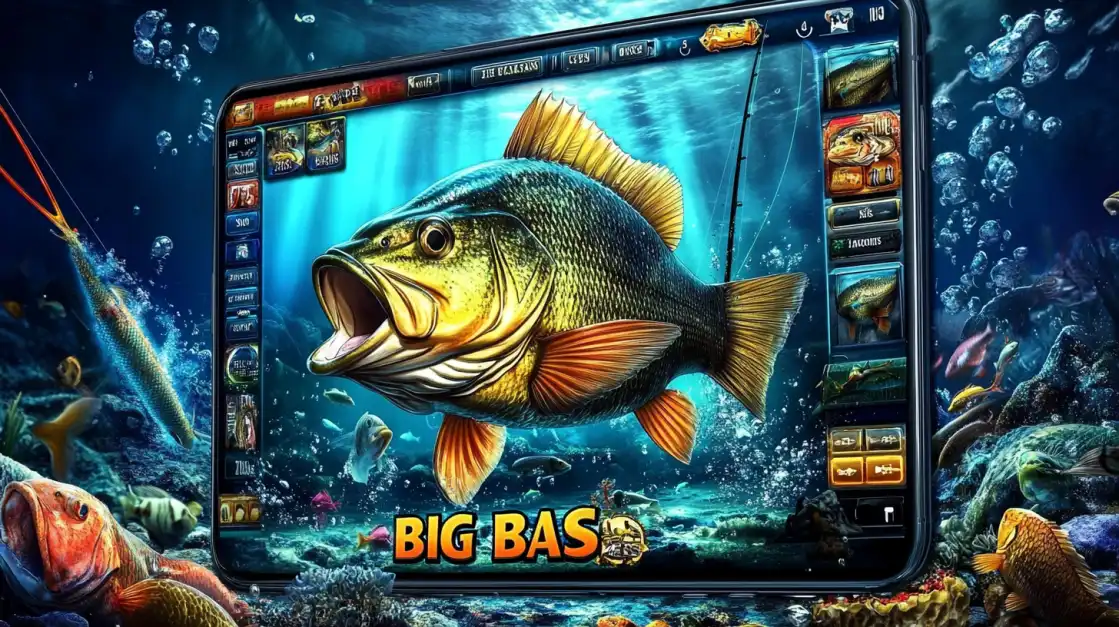 Giant bass fish jumping out from a mobile fishing game interface underwater, with Big Bas text in bright yellow letters.