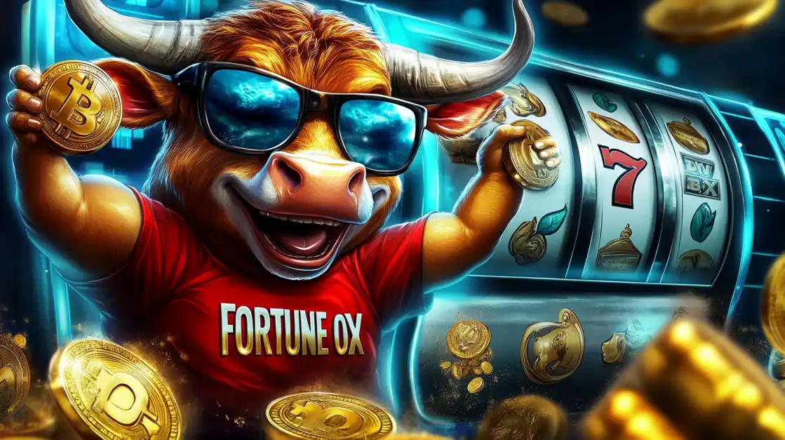 Cartoonish bull wearing sunglasses and a red Fortune Ox shirt holding gold coins and a Bitcoin symbol in front of a glowing slot machine.