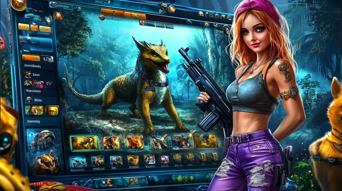 Beautiful woman in a purple headband and ripped purple pants holding a futuristic gun, standing next to a yellow creature in a jungle with a game interface behind her.